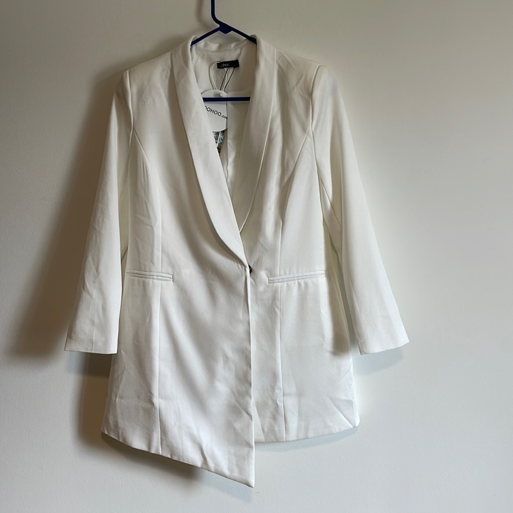 NWT BooHoo Asymmetric Blazer Dress 4 White Mini Collar Petite Office Career